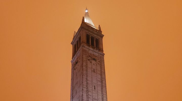 Campanile against a orange sky