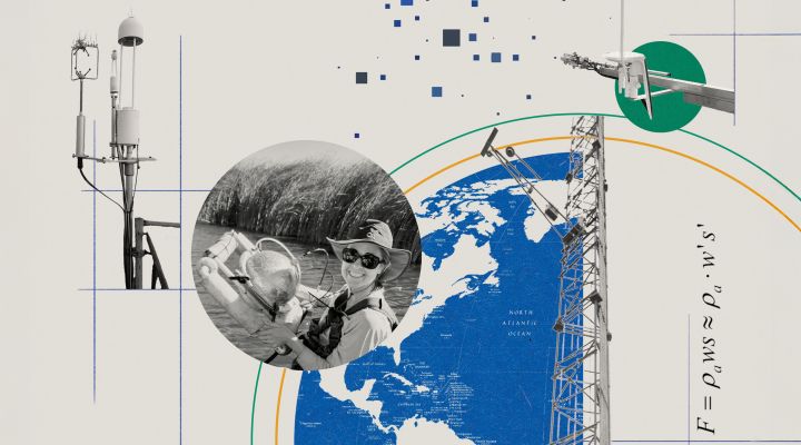 An illustration showing research towers, a researcher holding equipment, a world map, and a scientific equation