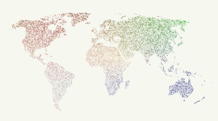 An illustration of the continents of the world made up of colorful dots